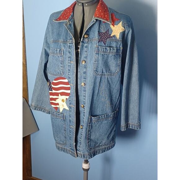 Cabin Creek Denim Chore Coat Womens Medium Americana Stars Hearts Red,White,Blue - Picture 2 of 12
